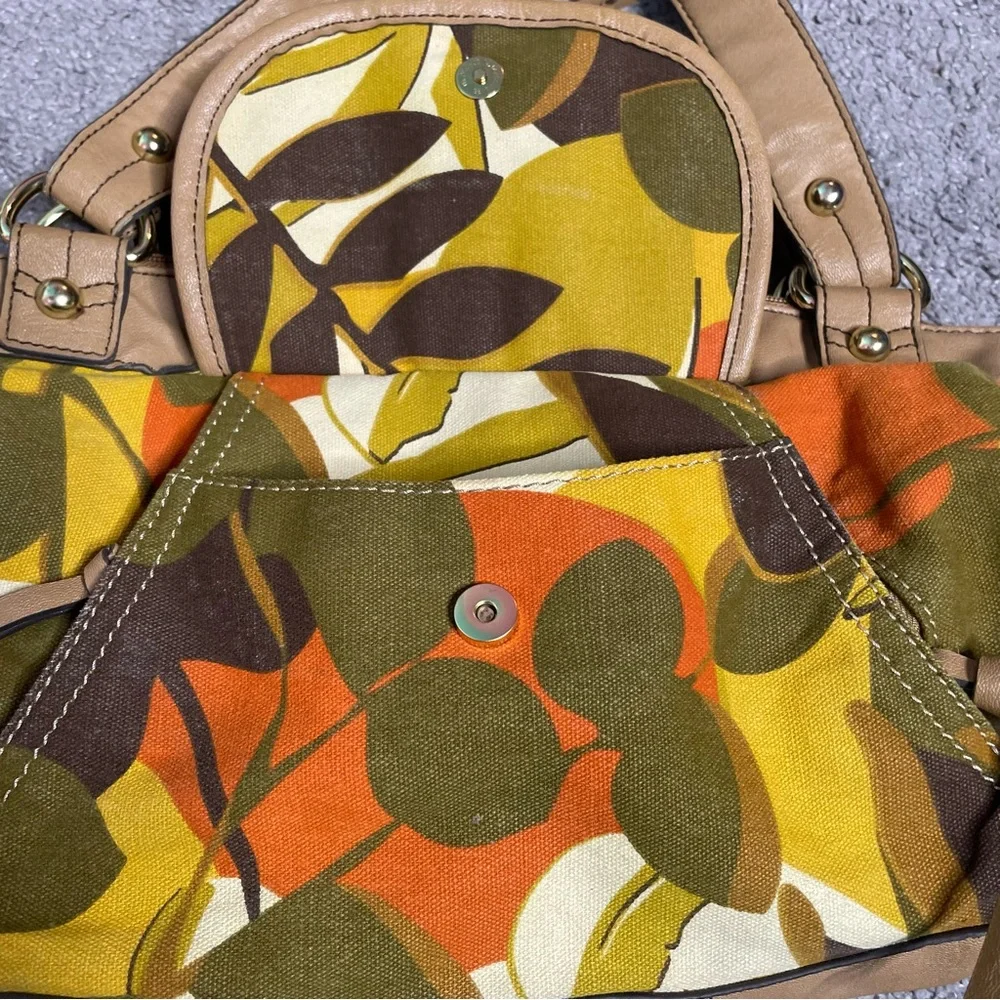 RELIC Brown Yellow Orange Floral Canvas Vinyl Zipper Satchel Handbag